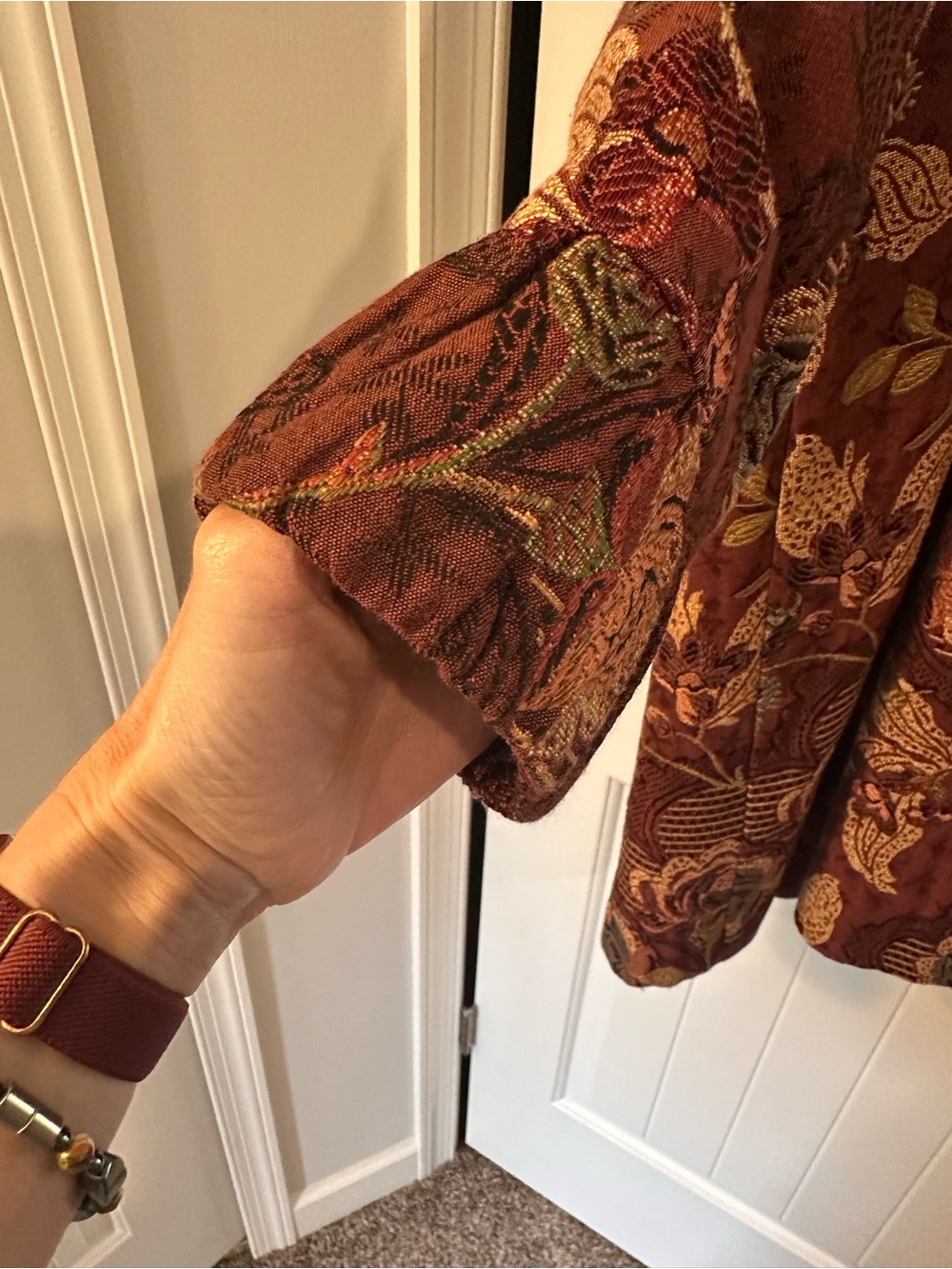 CAbi Floral-Embroidered Trench Coat in Rust and Mustard - Picture 6 of 6